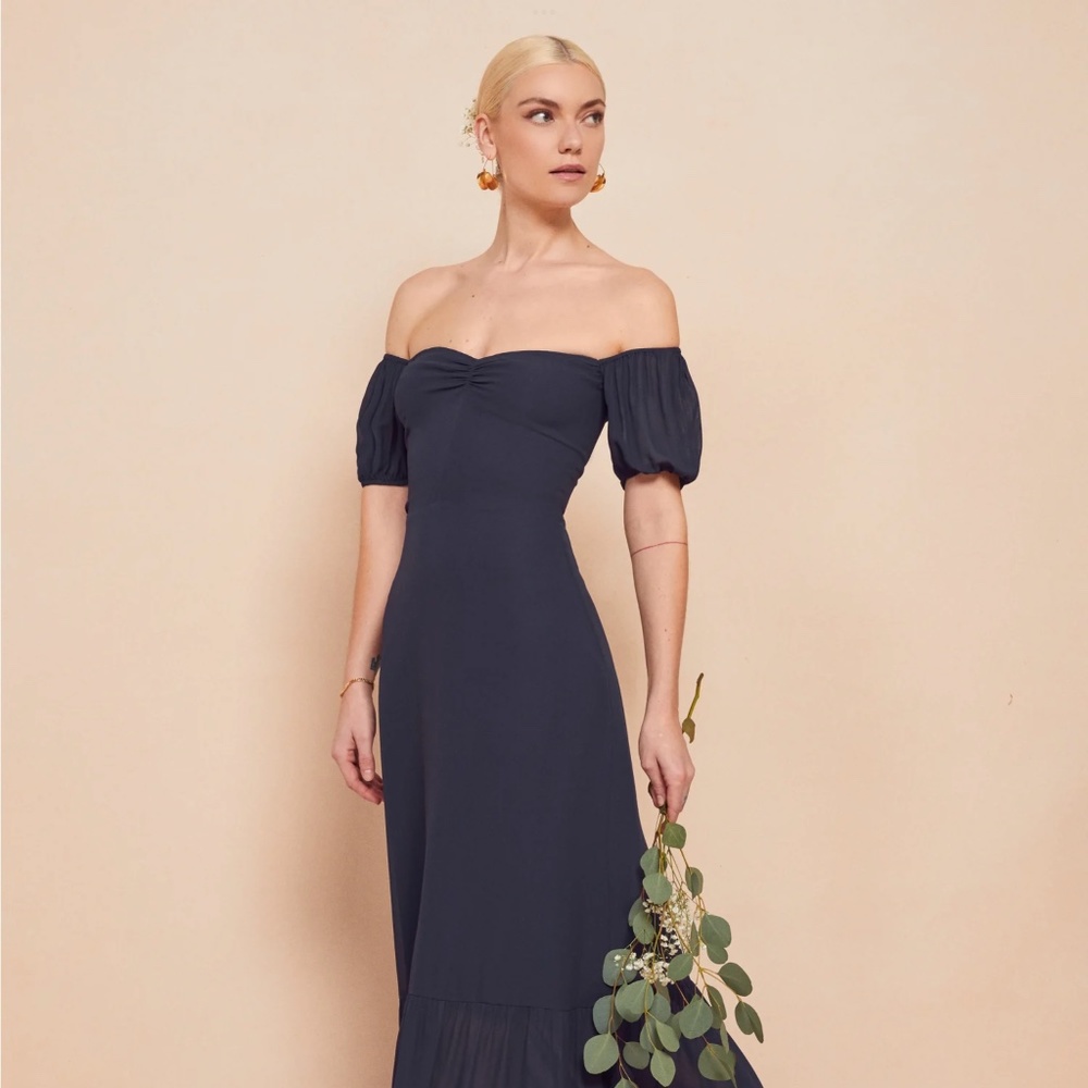 Reformation Navy Off-Shoulder Maxi Dress